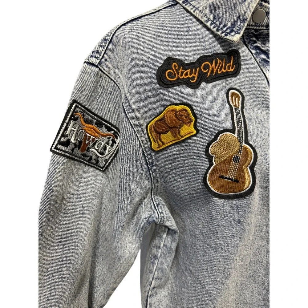 Blue‎ B Womens Acid Wash Denim Western Patch Oversized Shacket Light Blue S